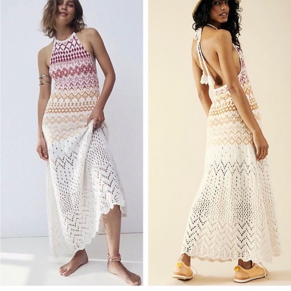 NWOT Free People White Fair Isle Crochet Maxi Dress Small